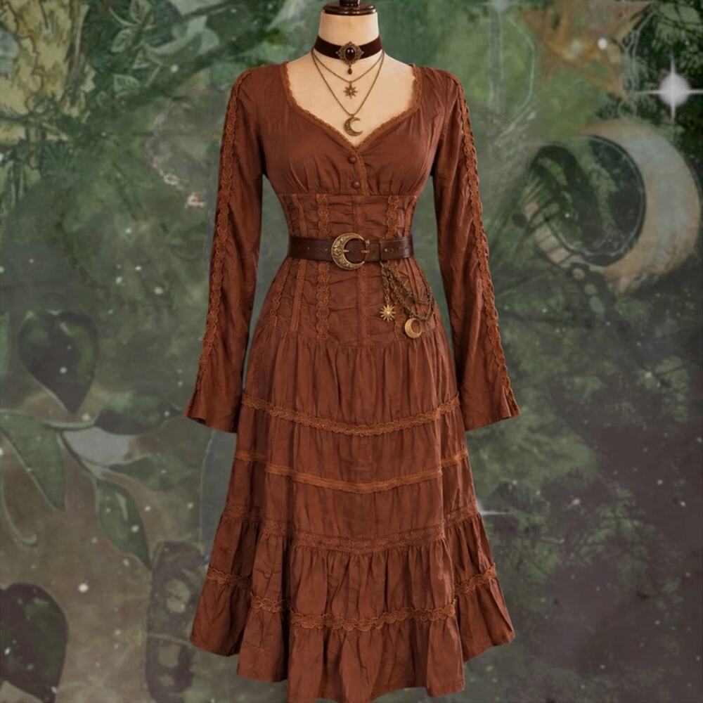 Brown Corset Midi Dress Whimsigoth Romantic Boho S